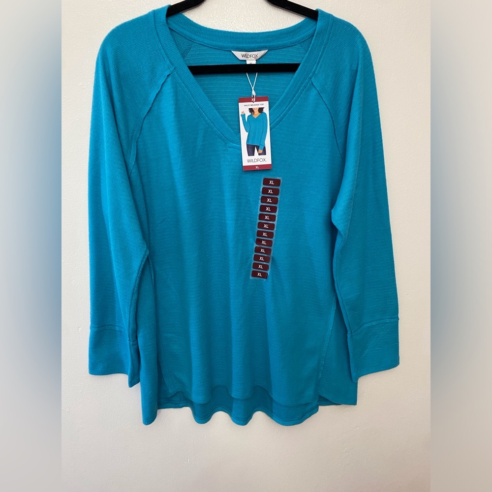 Wildfox Haley Brushed Waffle V-Neck Top Peacock Blue NWT XL